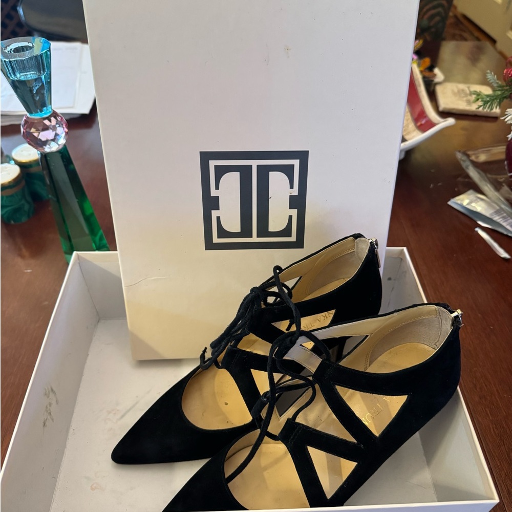 Elegant Black Suede Women's Shoes with tie-up and zipper back